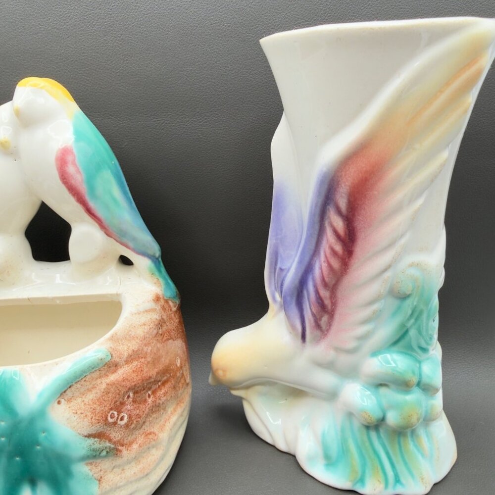 Vintage Wall Pockets Vase Planter Morton Art Pottery Bird of Paradise Pastels - Picture 4 of 16